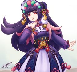 Rule 34 | 1girl, azzypics, black hair, bonnet, capelet, dress, genshin impact, hair ornament, hat, highres, jewelry, lipstick, looking at viewer, makeup, red eyes, ribbon, simple background, solo, standing, tagme, yun jin (genshin impact)