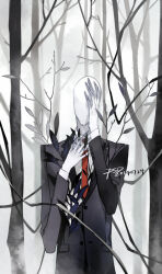 Rule 34 | 1boy, black suit, creepypasta, faceless, faceless male, formal, hand on own chest, hand on own face, leaf, necktie, pale skin, psd (psdgai), red necktie, simple background, slender man, solo, suit, tall, tall male
