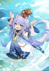 Rule 34 | 1girl, :d, absurdres, autumnlll, bailu (honkai: star rail), blue eyes, blue hair, braid, braided ponytail, crossed bangs, dragon girl, dragon horns, dragon tail, dress, fang, fur-tipped tail, highres, honkai: star rail, honkai (series), horns, lake, leaf, long hair, long sleeves, maple leaf, object on head, open mouth, partially submerged, pointy ears, sidelocks, smile, solo, tail, white dress, wide sleeves
