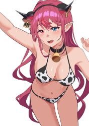 Rule 34 | 1girl, absurdres, animal ears, animal print, arm up, armpits, bell, bikini, black collar, blue eyes, breasts, collar, commentary, cow ears, cow print, demon horns, ear tag, earrings, english commentary, fake animal ears, hairband, heterochromia, highres, hololive, hololive english, horns, irys (hololive), jewelry, long hair, medium breasts, multicolored hair, navel, neck bell, open mouth, pointy ears, print bikini, purple eyes, red hair, shift (shiftillust), simple background, solo, stomach, streaked hair, swimsuit, thighs, very long hair, virtual youtuber, wavy hair, white background