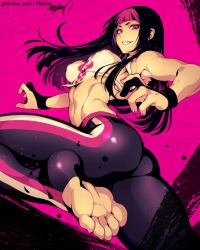 Rule 34 | 1girl, alternate costume, alternate hairstyle, ass, breasts, evil smile, feet, fighting stance, fishine, han juri, leg up, long hair, looking at viewer, medium breasts, multicolored hair, nail polish, navel, no shoes, pink background, pink nails, purple eyes, sideboob, smile, soles, solo, stomach, street fighter, street fighter v, toeless legwear, toenail polish, toenails, toes, toned, two-tone hair