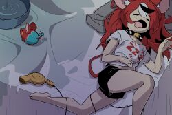 Rule 34 | 1girl, animal ears, barefoot, bed, black collar, black hair, black shorts, blanket, bowl, collar, drooling, feet out of frame, hair dryer, hakos baelz, highres, hololive, hololive english, long hair, messy sleeper, morningpanda, mouse ears, mouse girl, mouse tail, mouth drool, mr. squeaks (hakos baelz), multicolored hair, pajamas, red hair, shirt, short sleeves, shorts, sleeping, snoring, spiked collar, spikes, streaked hair, tail, virtual youtuber, water, wet spot, white hair, white shirt, zzz