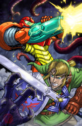 Rule 34 | 1boy, 1girl, arm cannon, armor, blonde hair, claws, company connection, crossover, energy, fingerless gloves, gloves, glowing, hat, link, master sword, matt frank, metroid, nintendo, power suit, samus aran, scabbard, sheath, shield, sword, tentacles, the legend of zelda, tunic, weapon