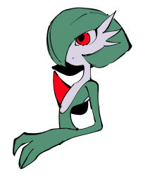 Rule 34 | 1girl, bob cut, closed mouth, colored skin, creatures (company), dot mouth, expressionless, female focus, flat chest, flat color, from side, game freak, gardevoir, gen 3 pokemon, green hair, green skin, hair over one eye, hand up, highres, looking afar, multicolored skin, nintendo, one eye covered, pokemon, pokemon (creature), red eyes, short hair, simple background, sketch, solo, tem (tem konp10), two-tone skin, upper body, white background, white skin