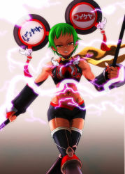Rule 34 | 10s, 1girl, bare shoulders, chinese clothes, dark persona, dark skin, dark-skinned female, detached sleeves, dragon kid, electricity, green eyes, green hair, grin, hat, huang baoling, looking at viewer, matching hair/eyes, midriff, muscular, navel, product placement, scarf, short hair, shorts, smile, solo, staff, superhero costume, thighhighs, tiger &amp; bunny, yosiow