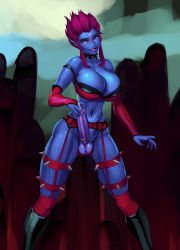 Rule 34 | aka6, blue skin, blush, boots, bra, breasts, choker, cock ring, colored skin, evelynn (league of legends), evelynn (old), foreskin, futanari, highres, large breasts, league of legends, lipstick, makeup, navel, penis, pink hair, pink lips, precum, sex toy, short hair, solo, sweat, testicles, thigh strap, thong, uncensored, underwear