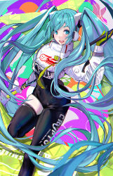 Rule 34 | 1girl, aqua eyes, aqua hair, black thighhighs, bodysuit, covered navel, crypton future media, gloves, goodsmile racing, green gloves, hatsune miku, headphones, highres, long hair, looking at viewer, racing miku, racing miku (2022), single thighhigh, skindentation, solo, stipple coloring, thighhighs, thighs, twintails, untue, vocaloid