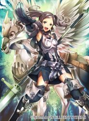 Rule 34 | 1girl, armor, blue hair, copyright name, cynthia (fire emblem), fire emblem, fire emblem awakening, fire emblem cipher, garter straps, gloves, holding, holding weapon, looking at viewer, nagahama megumi, nintendo, open mouth, pegasus knight uniform (fire emblem), polearm, short hair, short twintails, smile, spear, thighhighs, twintails, weapon, zettai ryouiki