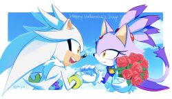 Rule 34 | 1boy, 1girl, animal ears, artist name, blaze the cat, blue sky, border, bouquet, brown eyes, cat ears, cat tail, day, english text, flower, forehead jewel, from side, furry, furry female, furry male, gloves, happy valentine, highres, holding, holding bouquet, holding hands, jacket, looking at another, miijiu, open mouth, outdoors, purple jacket, red flower, red rose, rose, silver the hedgehog, sky, sonic (series), tail, teeth, upper body, white border, white gloves