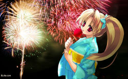 Rule 34 | 1girl, aerial fireworks, candy apple, dlsite.com, fireworks, food, highres, japanese clothes, kimono, malino (dream maker), premium-chan, solo, wallpaper, yukata