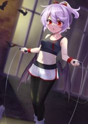 Rule 34 | 1girl, akisome hatsuka, alternate costume, alternate hairstyle, bat (animal), black legwear, black tank top, breasts, exercising, indoors, jump rope, navel, open mouth, pointy ears, purple hair, red eyes, remilia scarlet, short hair, shorts, solo, tank top, touhou, white shorts, window, wristband