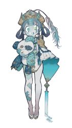 Rule 34 | 1girl, armor, blue eyes, blue hair, blush stickers, braid, chinese clothes, dress, feathers, frills, green eyes, hair rings, heterochromia, highres, holding, holding stuffed toy, jiangshi, ofuda, oimo (14sainobba), open mouth, original, pelvic curtain, sharp teeth, side braid, simple background, solo, standing, stuffed animal, stuffed panda, stuffed toy, symbol-shaped pupils, teeth, white background