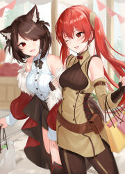 2girls animal_ears bag bare_shoulders belt belt_pouch bow brown_bow brown_hair character_request commentary_request commission fang fingerless_gloves fire_emblem fire_emblem_awakening fur_trim gloves haru_(nakajou-28) highres locked_arms looking_at_another multiple_girls nintendo one_eye_closed open_mouth partial_commentary pouch red_eyes red_hair severa_(fire_emblem) shopping_bag skeb_commission thighhighs tsundere twintails