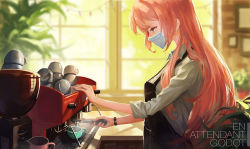 Rule 34 | 1girl, alternate costume, apron, aqua eyes, barista, black apron, blurry, blurry background, bracelet, coffee cup, coffee maker, collared shirt, cup, disposable cup, dress shirt, drink, edakai, holding, jewelry, long hair, looking down, mask, megurine luka, mouth mask, pink hair, shirt, sleeves rolled up, solo, steam, surgical mask, text focus, vocaloid, white shirt