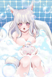 Rule 34 | 1girl, :o, absurdres, animal, animal ears, bath, bathing, bathtub, breasts, bubble bath, blowing bubbles, cat, cat ears, cat tail, chigu (tigcomet), eyebrows hidden by hair, fat cat, fat cat (ff14), final fantasy, final fantasy xiv, highres, holding, holding animal, holding cat, knees up, large breasts, light blush, long hair, looking at viewer, lower teeth only, miqo&#039;te, nude, pink eyes, soap bubbles, solo, tail, teeth, tile wall, tiles, warrior of light (ff14)