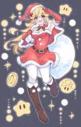 1girl :d artist_name belt blonde_hair blue_eyes boots breasts brown_footwear christmas coat commentary_request detached_sleeves earrings fur-trimmed_coat fur_trim grey_background hat highres holding holding_sack jewelry konata_w1225 long_hair mario_(series) medium_breasts mushroom nintendo open_mouth pantyhose princess_peach red_coat red_sleeves sack salute santa_hat smile sparkle sphere_earrings star_(symbol) twitter_username white_bag white_pantyhose