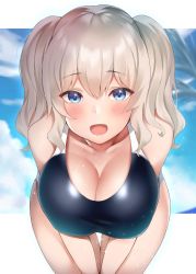 Rule 34 | 1girl, bad id, bad twitter id, bare shoulders, blue eyes, blue one-piece swimsuit, blue sky, blush, breasts, cleavage, collarbone, day, hair between eyes, highres, kantai collection, kashima (kancolle), large breasts, leaning forward, long hair, looking at viewer, one-piece swimsuit, open mouth, sidelocks, silver hair, sky, smile, solo, swimsuit, thighs, twintails, usa b, wavy hair
