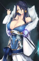 Rule 34 | 1girl, black hair, blue eyes, blush, breasts, closed mouth, collarbone, cowboy shot, dress, earrings, fur trim, highres, japanese clothes, jewelry, kaguya (sinoalice), kimono, large breasts, long neck, long sleeves, looking at viewer, off-shoulder dress, off shoulder, rinrin kai, sinoalice, skull, smile, solo, wide sleeves
