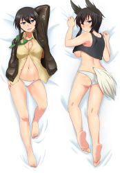 Rule 34 | 1girl, absurdres, arms behind head, ass, bare legs, barefoot, bird tail, black hair, blue eyes, breasts, butt crack, cleavage, crop top, dakimakura (medium), dominica s. gentile, dress shirt, feet, full body, hand on own hip, head wings, highres, jacket, kunashiri (etorofu), large breasts, long hair, long sleeves, looking at viewer, looking back, lying, multiple views, navel, on back, on stomach, open mouth, panties, shirt, short hair, sidelocks, soles, strike witches, strike witches: kurenai no majo-tachi, tail, toenails, toes, unbuttoned, underboob, underwear, very short hair, white panties, wings, world witches series