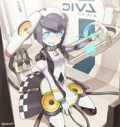 Rule 34 | 1girl, android, blue eyes, blue sclera, breasts, collar, colored sclera, dia (world flipper), highres, kasugai isoya, looking to the side, open hand, open mouth, science fiction, seiza, sitting, small breasts, solo, world flipper