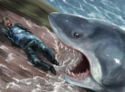 Rule 34 | 2boys, age difference, animal, bruce (jaws), floating, jaws (movie), multiple boys, ocean, ogura anko, open mouth, peril, sam quint, shark, size difference, spoilers, teeth, water, wood