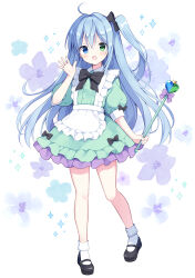 Rule 34 | 1girl, :d, ahoge, apron, black bow, black footwear, blue eyes, blue hair, blush, bobby socks, bow, collared dress, commentary request, commission, crown, dress, floral background, flower, frilled apron, frills, full body, green dress, green eyes, hair between eyes, hair bow, hair intakes, heart, heterochromia, highres, holding, izuminanase, long hair, looking at viewer, mini crown, one side up, open mouth, original, pixiv commission, puffy short sleeves, puffy sleeves, purple bow, purple flower, shoes, short sleeves, smile, socks, solo, sparkle, standing, standing on one leg, very long hair, white apron, white socks