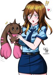 Rule 34 | 1girl, 1other, absurdres, belt, date makiko, digimon, digimon (creature), highres, looking at another, lopmon, miniskirt, police, police uniform, policewoman, skirt, uniform