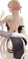 Rule 34 | 1girl, absurdres, arm up, ass, assault rifle, bare shoulders, black dress, blonde hair, breasts, bullpup, china dress, chinese clothes, closed mouth, commentary, dress, feather boa, feet out of frame, from behind, girls&#039; frontline, gun, highres, holding, holding gun, holding weapon, lips, long hair, looking back, medium breasts, official alternate costume, ots-14 (girls&#039; frontline), ots-14 (sangria succulent) (girls&#039; frontline), ots-14 groza, rifle, saturndxy, sideboob, smile, solo, standing, symbol-only commentary, thighs, very long hair, weapon, white background, yellow eyes