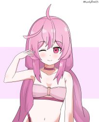 Rule 34 | 1girl, ahoge, artist name, belly, blush, breasts, commission, eien project, highres, kiki lockheart, leafy bow, long hair, looking at viewer, navel, one eye closed, pink eyes, pink hair, simple background, small breasts, virtual youtuber, wink