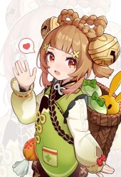 Rule 34 | 1girl, basket, bell, blunt bangs, blurry, blurry background, blush, bow, braid, brown hair, brown skirt, carrying bag, commentary, genshin impact, green shirt, hair bell, hair ornament, hairclip, irain, medium hair, no nose, open mouth, pocket, red bow, red eyes, shirt, sidelocks, skirt, smile, solo, standing, waving, white background, yaoyao (genshin impact), yellow sleeves
