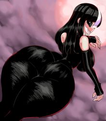 Rule 34 | 1girl, absurdres, ass, black dress, black gloves, blood, breasts, colorized, dress, elbow gloves, fangs, fingerless gloves, from behind, gloves, highres, huge ass, long dress, looking at viewer, looking back, medium breasts, multicolored hair, noss (rariatto), original, smile, solo, streaked hair, thanuki, vampire