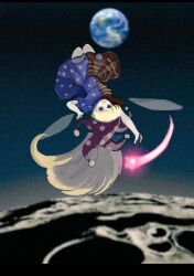 Rule 34 | 1girl, arm above head, arm up, black border, blonde hair, border, clownpiece, earth (planet), holding, holding torch, long hair, looking at viewer, moon, pink eyes, planet, posumine, skirt, space, torch, touhou