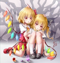 Rule 34 | 2girls, absurdres, ascot, black bow, black footwear, black ribbon, black skirt, black socks, black vest, blonde hair, bow, chinese commentary, commentary request, crying, crystal, dual persona, fang, feng ling (fenglingwulukong), flandre scarlet, frilled shirt, frilled shirt collar, frilled skirt, frills, frown, hat, hat ribbon, highres, kneehighs, mary janes, medium hair, mob cap, multiple girls, one side up, open mouth, puffy short sleeves, puffy sleeves, rainbow order, red bow, red eyes, red footwear, red ribbon, red skirt, red vest, ribbon, sad, shirt, shoes, short hair, short sleeves, skirt, socks, tears, touhou, vest, wavy hair, white shirt, white socks, wings, yellow ascot