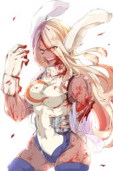 Rule 34 | 1girl, amputee, animal ears, bare arms, bare shoulders, blonde hair, blood, blood on clothes, blood on face, blood splatter, boku no hero academia, covered navel, dark-skinned female, dark skin, eyes visible through hair, floating hair, gloves, gluteal fold, hand up, highleg, highleg leotard, highres, injury, leotard, long hair, looking at viewer, mirko, missing limb, muscular, muscular female, nosebleed, open mouth, rabbit ears, rabbit girl, rabbit tail, shinonome mozuku, smile, solo, spoilers, tail, thighhighs, v-shaped eyebrows