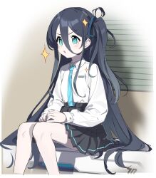 Rule 34 | 1girl, 2t (vmyz7342), absurdly long hair, absurdres, aris (blue archive), black hair, black hairband, black skirt, blue archive, blue eyes, blue necktie, blush, collared shirt, feet out of frame, hairband, highres, long hair, long sleeves, necktie, one side up, parted lips, pleated skirt, shirt, sitting, skirt, solo, very long hair, white shirt, window blinds