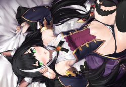Rule 34 | 1girl, animal ear fluff, animal ears, bare shoulders, bed sheet, black hair, black panties, black sleeves, black thighhighs, breasts, cat ears, commentary request, detached sleeves, green eyes, highres, kaneru, karyl (princess connect!), knees up, long hair, looking at viewer, low twintails, lying, multicolored hair, no pants, on back, panties, parted lips, princess connect!, sheet grab, shirt, sleeveless, sleeveless shirt, small breasts, solo, streaked hair, suggestive fluid, thighhighs, twintails, underwear, very long hair, white hair, white shirt, wide sleeves