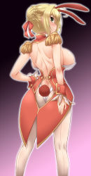 Rule 34 | 1girl, adapted costume, ahoge, animal ears, arm at side, ass, ass cutout, back, back-seamed legwear, backboob, bare back, blonde hair, blush, braid, braided bun, breasts, butt crack, closed mouth, clothing cutout, detached collar, dimples of venus, epaulettes, fake animal ears, fake tail, fate/grand order, fate (series), feet out of frame, from behind, gradient background, green eyes, hair bun, hair intakes, hair ribbon, hand on own hip, highres, large breasts, legs apart, leotard, looking back, nero claudius (fate), nero claudius (fate) (all), nero claudius (fate/extra), pantyhose, playboy bunny, profile, purple background, rabbit ears, red ribbon, ribbon, seamed legwear, short hair, shoulder blades, single hair bun, smile, solo, standing, tail, white pantyhose, wrist cuffs, yoshi tama