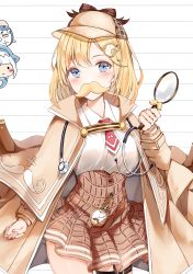 Rule 34 | 2girls, absurdres, blonde hair, bloop (gawr gura), blue eyes, breasts, brown jacket, capelet, collared shirt, facial hair, facing viewer, gawr gura, grin, hair ornament, hat, highres, holding, hololive, hololive english, jacket, large breasts, long sleeves, looking at viewer, magnifying glass, multiple girls, mustache, necktie, plaid, plaid skirt, red neckwear, shirt, shirt tucked in, skirt, smile, solo focus, stethoscope, teeth, thigh strap, thighs, virtual youtuber, watson amelia, white shirt, yukineko1018
