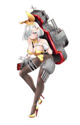 Rule 34 | alternate costume, animal ears, between breasts, black pantyhose, blue eyes, bow, bowtie, breasts, cleavage, detached collar, gloves, gold bowtie, gold footwear, gold leotard, hair ornament, hair over one eye, hairclip, half gloves, hamakaze (kancolle), high heels, highleg, highleg leotard, kantai collection, large breasts, leotard, machinery, pantyhose, playboy bunny, rabbit ears, rabbit tail, short hair, simple background, strap between breasts, tail, torpedo launcher, udukikosuke, white background, white gloves, white hair, wrist cuffs