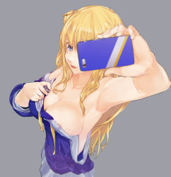 Rule 34 | 1girl, blonde hair, blue eyes, blue shirt, breasts, cellphone, cleavage, double bun, fletcher (kancolle), forevernight, grey background, hair bun, highres, kantai collection, large breasts, long hair, looking at viewer, neckerchief, off shoulder, phone, pleated skirt, reaching, reaching towards viewer, sailor collar, school uniform, selfie, serafuku, shirt, simple background, skirt, smartphone, solo, white sailor collar, white skirt, yellow neckerchief
