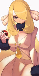 Rule 34 | 1girl, alternate color, bad id, bad pixiv id, blonde hair, breasts, cleavage, closed mouth, coat, creatures (company), cynthia (pokemon), fur collar, fur cuffs, game freak, grey eyes, hair ornament, hair over one eye, highres, holding, holding poke ball, large breasts, looking at viewer, nintendo, nuneno, official alternate costume, pants, poke ball, poke ball (basic), pokemon, pokemon masters ex, solo, white coat, white pants