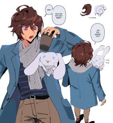 Rule 34 | 1boy, 1other, absurdres, ahoge, arm up, belt, blue jacket, bright pupils, brown hair, brown pants, cinnamoroll, coffee, cup, english text, from behind, granblue fantasy, highres, holding, holding cup, jacket, male focus, messy hair, motion lines, multiple views, nodding, nodplus50pts, open clothes, open jacket, open mouth, pants, rabbit, red eyes, sandalphon (granblue fantasy), sanrio, scarf, shirt, short hair, sketch, speech bubble, striped clothes, striped shirt, surprised, sweatdrop, swirl, trait connection, white background, white pupils, white scarf