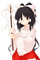 Rule 34 | 1girl, alternate color, alternate costume, black hair, bow, brown eyes, commentary, frilled skirt, frills, gohei, hair bow, hair tubes, hakurei reimu, highres, holding, holding gohei, iyo mamoru, japanese clothes, kimono, light blush, long hair, long sleeves, looking at viewer, portrait of exotic girls, red skirt, ribbon-trimmed sleeves, ribbon trim, simple background, skirt, solo, touhou, upper body, very long hair, white background, white bow, white kimono