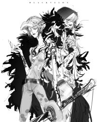 2girls absurdres animal_print arm_tattoo artist_name bare_arms bare_shoulders belt blackvelox breast_tattoo breasts chest_tattoo cigarette donquixote_rocinante ear_piercing feather_boa fur_hat genderswap genderswap_(mtf) greyscale hat heart heart_print highres holding holding_cigarette holding_sword holding_weapon hood hood_up kikoku legs_apart leopard_print lips medium_breasts monochrome multiple_girls nose one_piece pants piercing plunging_neckline shirt short_hair shoulder_tattoo simple_background sketch skinny sleeveless sleeveless_shirt standing sword tattoo trafalgar_law trafalgar_law_(female) tsurime weapon white_background white_hat