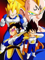 Rule 34 | 2boys, absurdres, age difference, aqua eyes, armor, artist name, black hair, blonde hair, boots, cape, clenched hand, clenched hands, clenched teeth, dragon ball, dragonball z, gloves, grin, highres, majin vegeta, male focus, monkey tail, multiple boys, multiple persona, muscular, scouter, smile, solidsayan, spiked hair, super saiyan, super saiyan 1, super saiyan 2, tail, teeth, vegeta, aged down