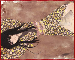 Rule 34 | 1girl, black hair, border, japanese clothes, kimono, long hair, lying, red border, solo, takano kou