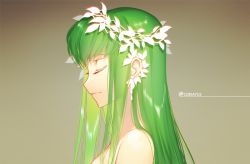 Rule 34 | 1girl, brown background, c.c., closed mouth, code geass, completely nude, creayus, eyelashes, from side, green hair, head wreath, light smile, long hair, nude, portrait, profile, solo, twitter username