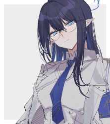 Rule 34 | 1girl, blue archive, blue eyes, blue hair, blue halo, blue necktie, border, closed mouth, collared shirt, colored inner hair, commentary, dress shirt, earrings, glasses, grey background, hair between eyes, halo, head tilt, highres, hirako daishougun, jacket, jewelry, long hair, multicolored hair, necktie, outside border, pointy ears, rin (blue archive), shirt, sidelocks, solo, sweater, upper body, white border, white jacket, white shirt, white sweater