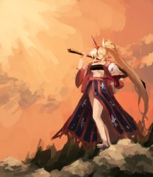 Rule 34 | 1girl, adapted costume, alternate hairstyle, black tube top, blonde hair, blue skirt, breasts, cleavage, cloud, cup, geta, highres, holding, holding weapon, horns, hoshiguma yuugi, large breasts, leaf print, legs, long hair, long skirt, long sleeves, mountain, mountainous horizon, open clothes, open shirt, open skirt, orange sky, outdoors, over shoulder, parted bangs, ponytail, red eyes, sakazuki, shirt, sidelocks, single horn, skirt, sky, smile, solo, standing, star (symbol), star print, stomach, strapless, striped clothes, striped skirt, sunnysideup, sunset, thighs, toes, touhou, tube top, underboob, very long hair, weapon, white shirt, wide sleeves