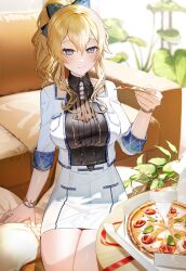 Rule 34 | 1girl, black shirt, blue eyes, blush, breasts, cleavage, closed mouth, collared shirt, couch, cowboy shot, food, genshin impact, gold bracelet, hair between eyes, hand up, high-waist skirt, high ponytail, highres, holding, holding food, holding pizza, indoors, jacket, jean (genshin impact), jean (pizza alvolo) (genshin impact), large breasts, looking at viewer, nose blush, on floor, pencil skirt, pizza, pizza box, shirt, sidelocks, sitting, skirt, sleeve cuffs, smile, solo, spoken blush, syandega, twitter username, white jacket, white skirt, wristlet